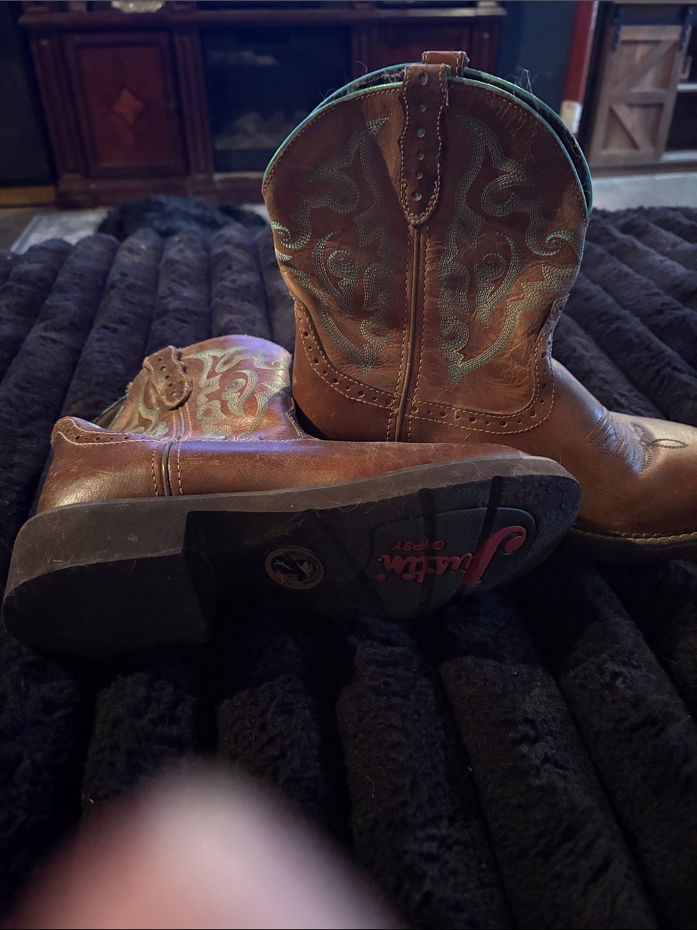 Justin Boots Brown Leather Western Heeled Boots with Turquoise Stitching